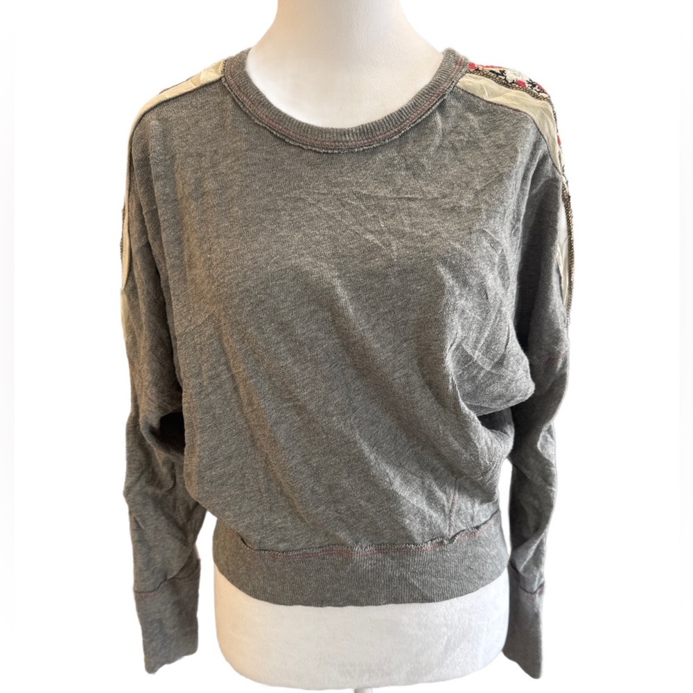 Free People We the Free Embroidered Long Sleeve Crewneck Sweater Gray Multi XS